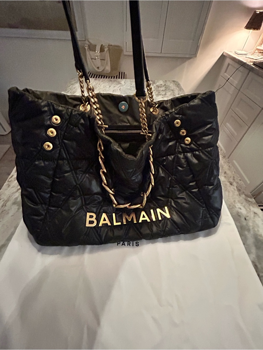 Balmain Black Quilted Tote with Gold Hardware and tags - Picture 7 of 13